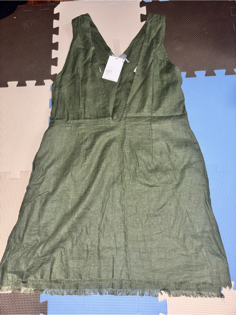 GILLIA Olive Green Linen Plunge V-Neck Mini Dress Raw Hem